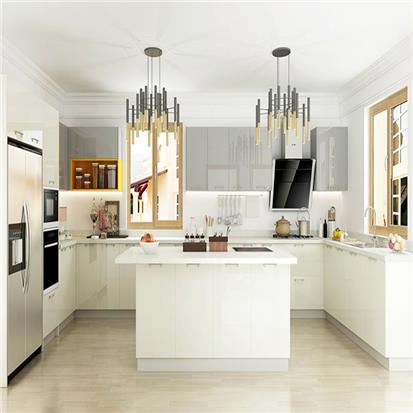 Customized glossy mdf laminate sheet wood board cabinets designs modern white high gloss acrylic handleless kitchen cabinet  HS-KC133