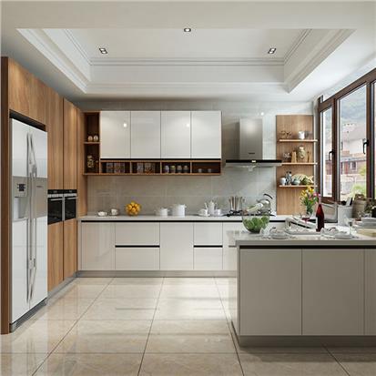 Custom modern complete u shape white high gloss lacquer finish flat pack modular wood kitchen cabinet set design  HS-KC236