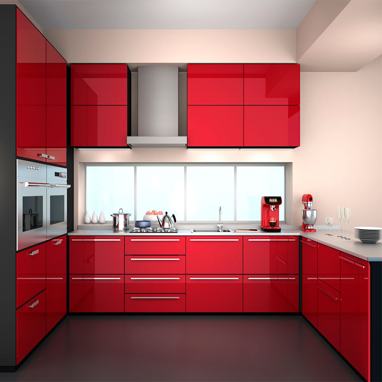 Foshan Custom Modern Full Sets Designs High Gloss Finish Red Acrylic Kitchen Cabinets