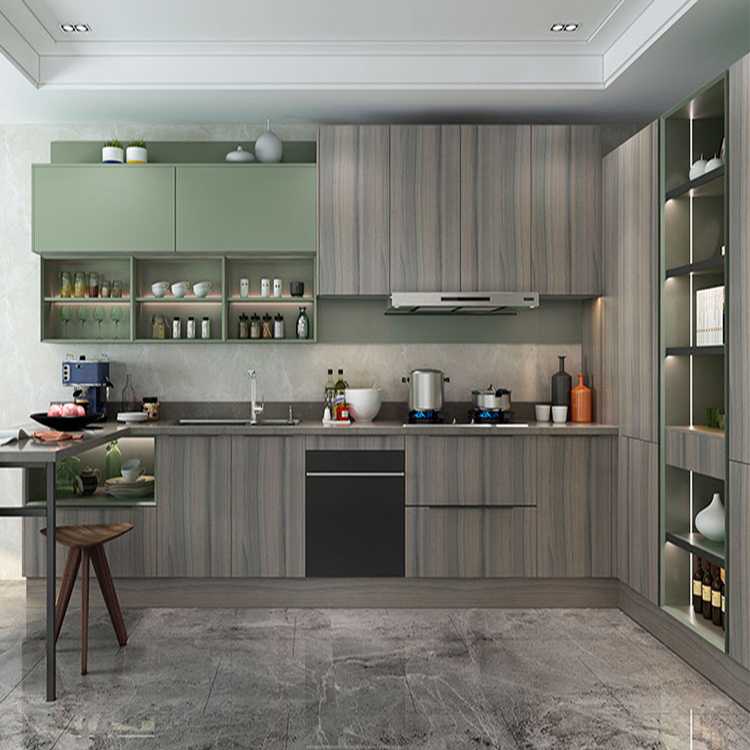 Modern wooden board cabinets set furniture customized wood grain grey melamine modular kitchen cabinet design for home project