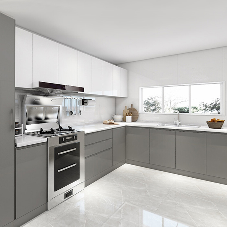 Modern grey color kitchen cabinets set furniture design customized high gloss finish light gray lacquer kitchen cabinet
