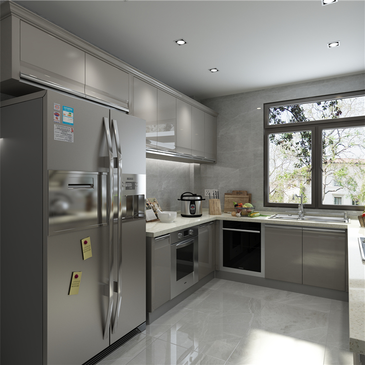 Modern gray glossy kitchen cabinets furniture design custom made high gloss finish light grey modular kitchen cabinet