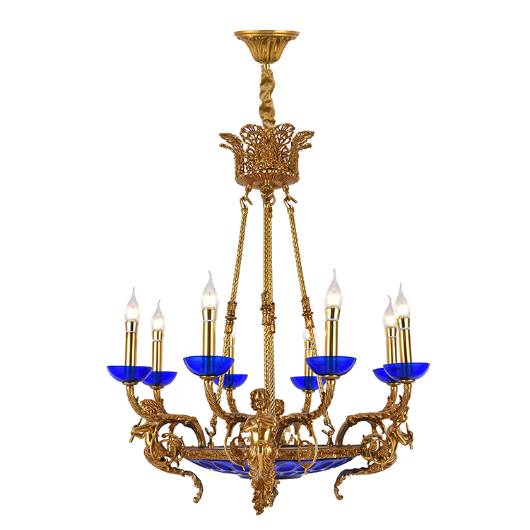 Hanse Scandinavian Gold Brass Blue Shade Crystal Chandelier