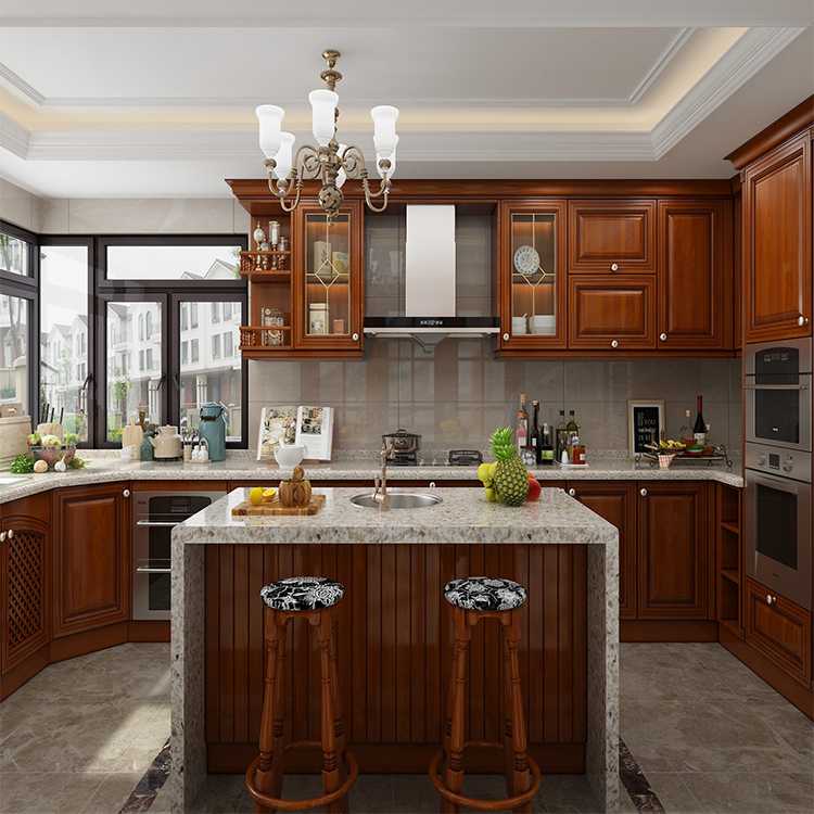 China foshan readymade hanging cabinet designs european style complete set luxury cherry solid wood kitchen cabinets with island
