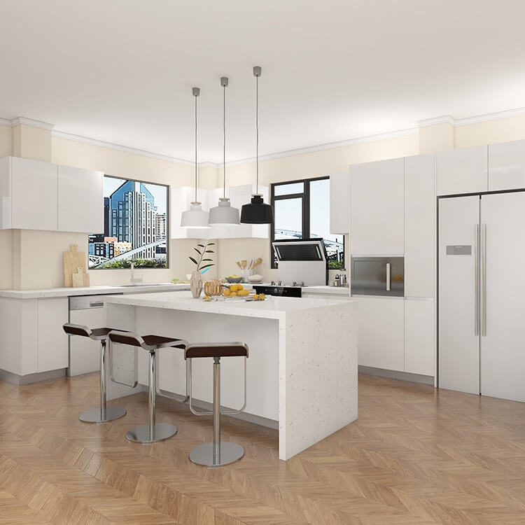 Simple design wood wall cabinets furniture modern house hotel pearl white color flat pack panel wooden kitchen cabinet sets