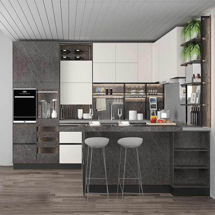Free design custom modern full sets dark gray uv coating sheet mdf wood kitchen cabinet with quartz