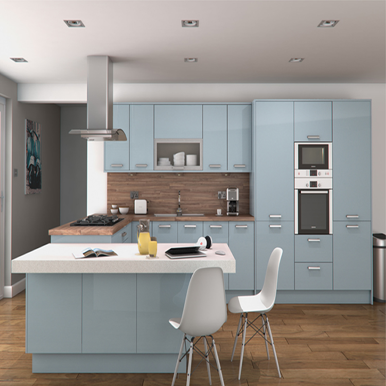 Free design modern modular designs home light blue color high gloss lacquer mdf wood kitchen cabinets
