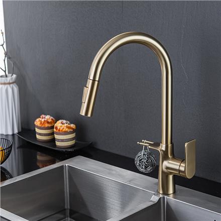 UK Style Single Copper Pull Out Gold Brass Free Pre-rinse Spray Kitchen Sink Faucet Mixer Tap  HS-8021-4