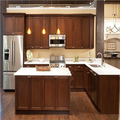Custom made natural hard wooden cabinets furniture design country style whole set walnut color real solid wood kitchen cabinet  HS-KC54