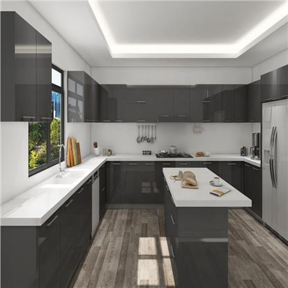 Modern custom home apartment furniture high glossy dark grey lacquer flat pack plywood wood kitchen cabinets  HS-KC243