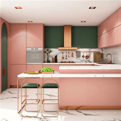 Modern cabinet design small size high gloss lacquer u shape pink kitchen cabinets for sale  HS-KC72