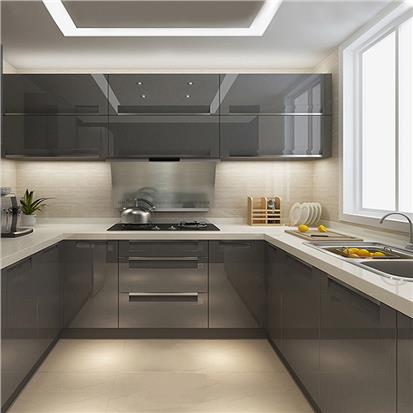 Wholesale gray glossy cupboard cabinets design modern style l shaped grey high gloss finish acrylic mdf wood kitchen cabinet set  HS-KC52