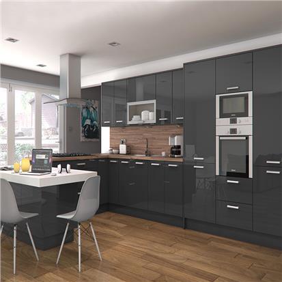 Modern grey color laminated hdf wooden cabinet furniture designs pre assembled classic ash solid wood kitchen cabinets set  HS-KC13