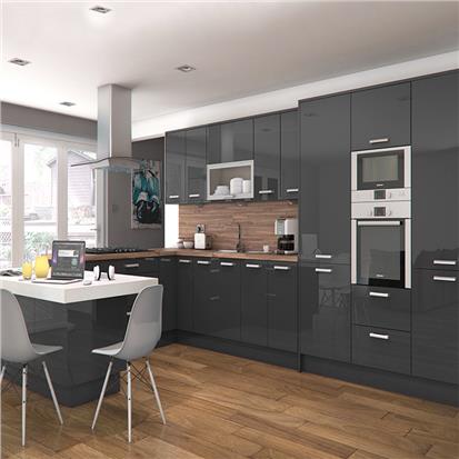 Customised new design flat pack kitchencabinet modern gray color glossy laminate plywood wood kitchen cabinet sets for project  HS-KC201