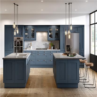 American classic style prefab plywood carcase wooden cabinets furniture blue shaker oak solid wood modular kitchen cabinets set  HS-KC98