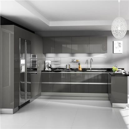 Custom made gray glossy kitchen cabinets furniture modern high gloss finish dark grey lacquer wooden kitchen cabinet  HS-KC256