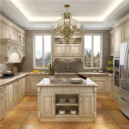 Apartment villa simple U shaped wooden kitchens furniture luxury classic maple solid wood base kitchen cabinet for sale  HS-KC91
