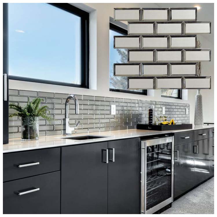 Light Grey Polished Glass Mosaic Wall, Polished Grey Tiles Kitchen
