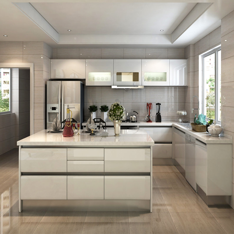 Customized cheap glossy finish mdf wooden cupboard cabinets set modern white high gloss lacquer modular kitchen cabinet design