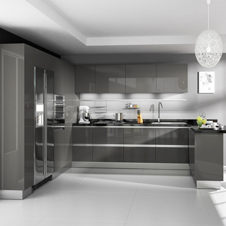 Custom made gray glossy kitchen cabinets furniture modern high gloss finish dark grey lacquer wooden kitchen cabinet