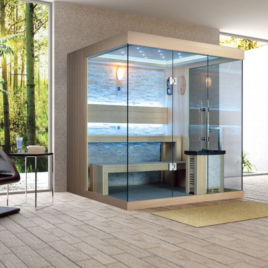 Transparent Glass Door 3 Person Corner Dry Steam Traditional Sauna