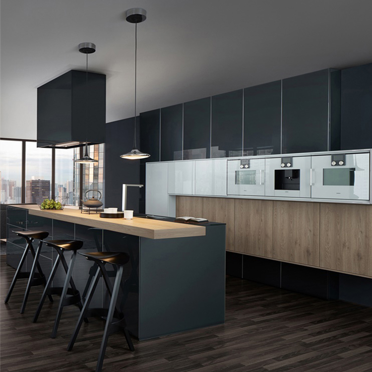 Hot sale glossy mdf wood cupboards cabinets design cheap price modern black high gloss acrylic frameless kitchen cabinet