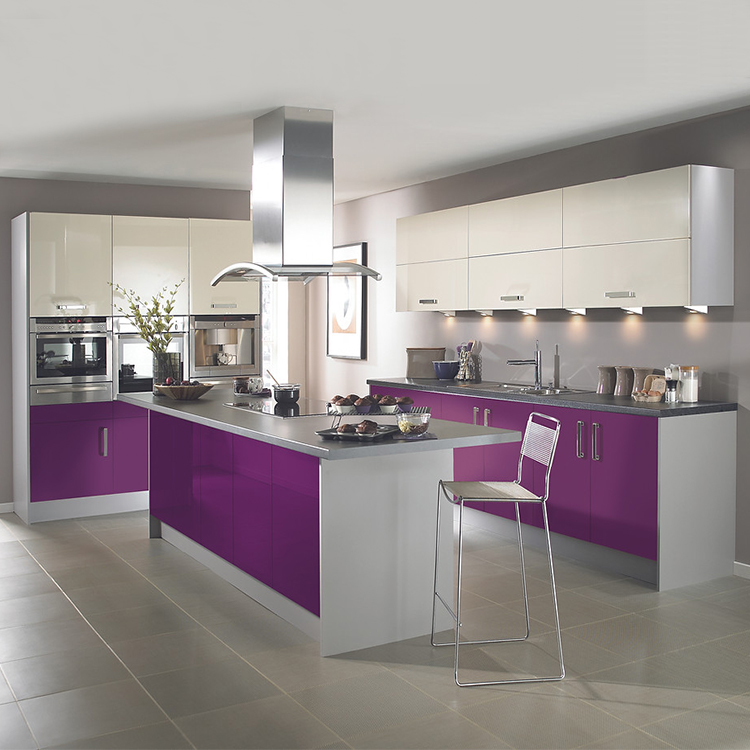Customize design installation house apartment luxury modern high gloss white and purple acrylic wooden kitchen cabinets