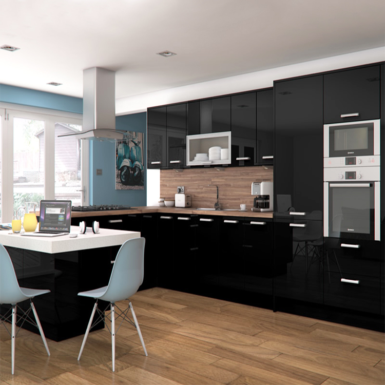 Latest coming customized flat kitchens modern designs high gloss black lacquer finish modular kitchen cabinet