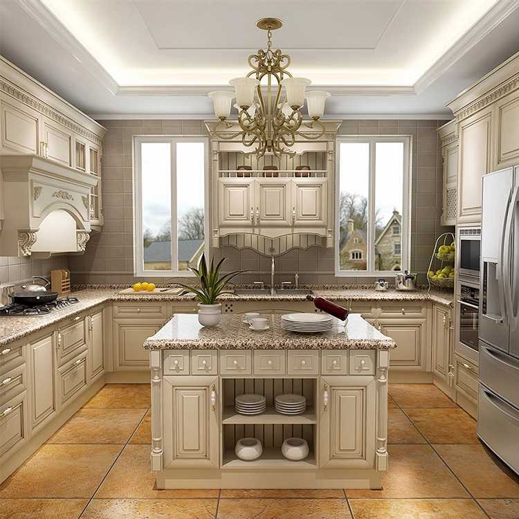 Apartment villa simple U shaped wooden kitchens furniture luxury classic maple wood kitchen cabinet