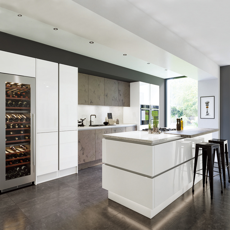 Modern home paint wooden cabinet furniture design high glossy lacquer handleless wood kitchen cabinets set with pull down basket