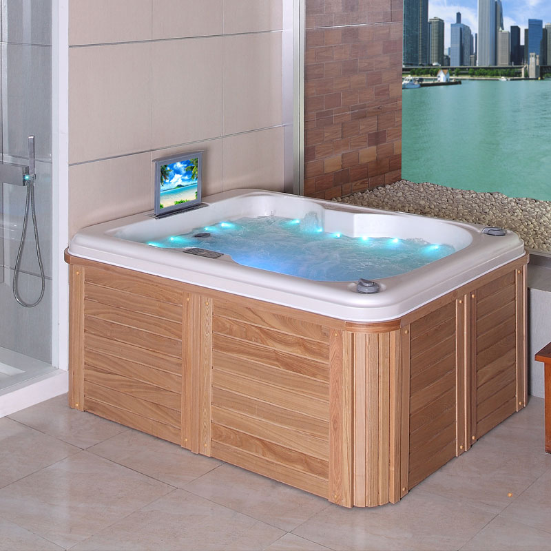 Bathroom 3 Person Indoor Whirlpool Wood Hot Tubs With 2 Loungers